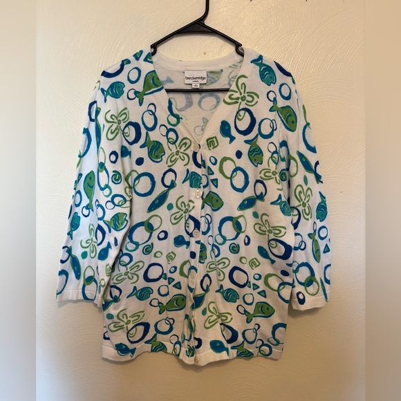 Breckenridge Long Sleeve Sweater Size 1X  Blue Green Fish & Flowers! - Picture 1 of 8
